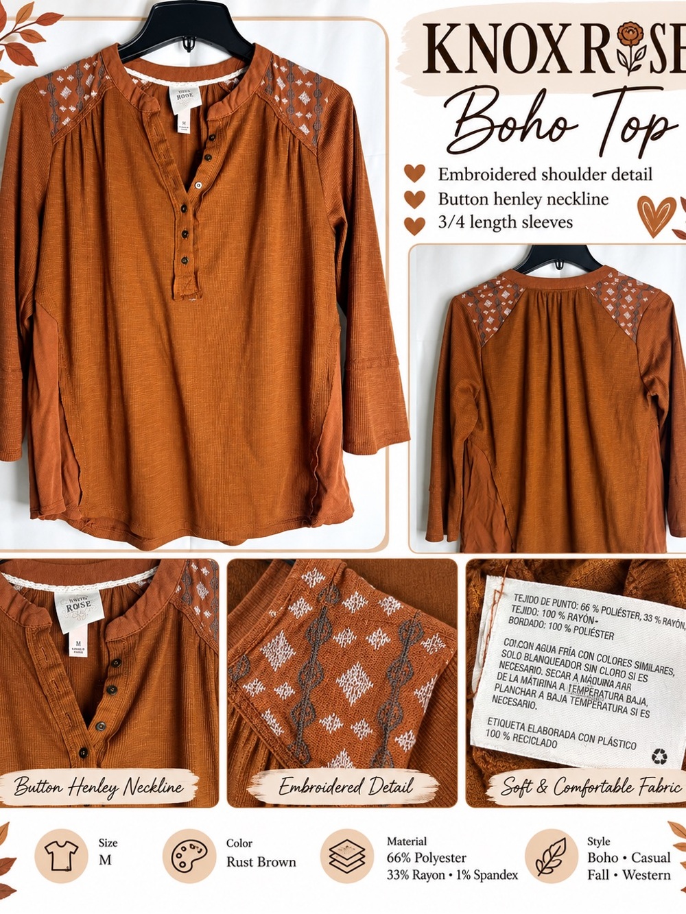 Knox Rose Rust Brown Embroidered Henley Tunic